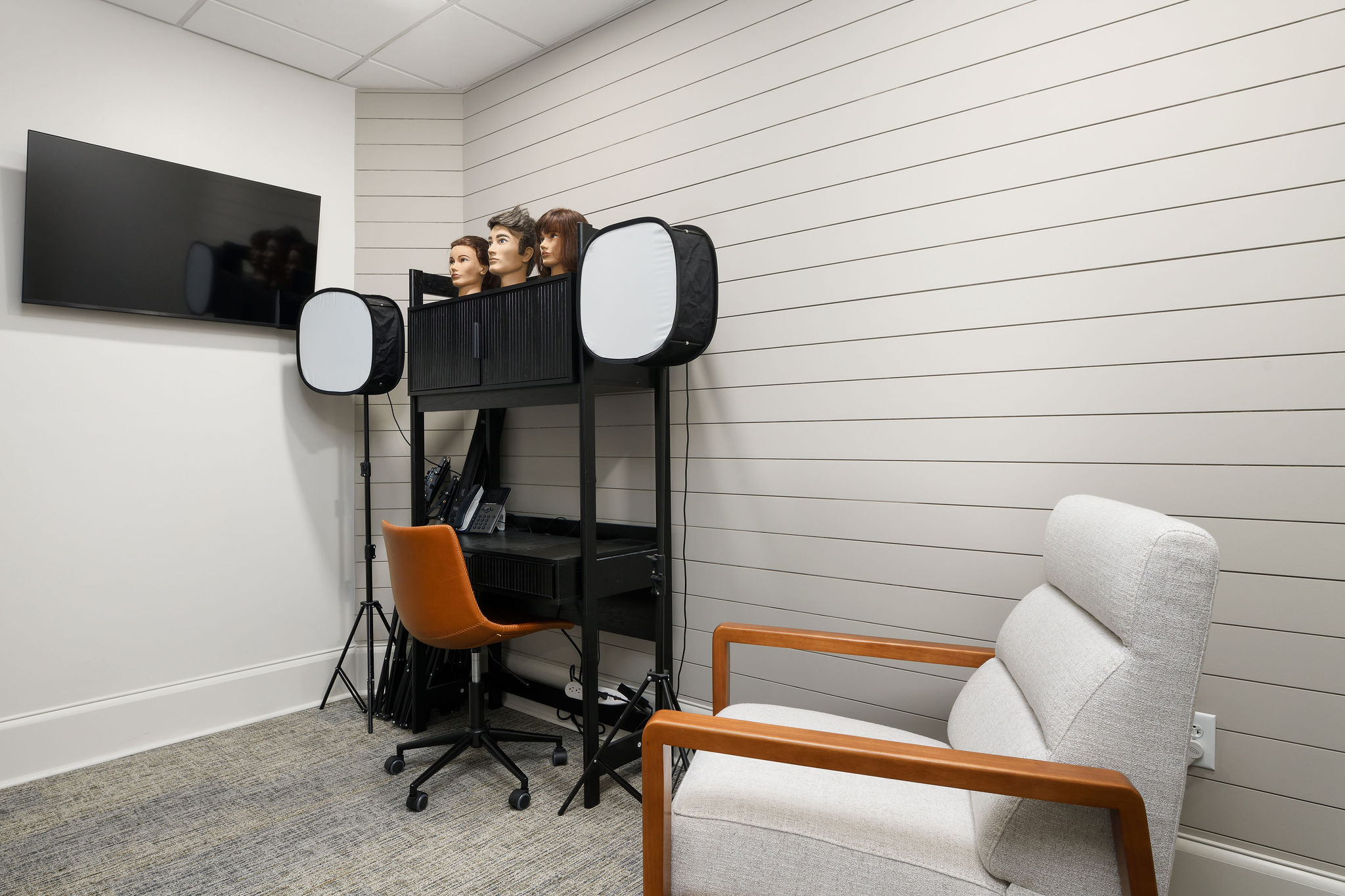 Patient photography and evaluation room with wall screen and portrait lighting